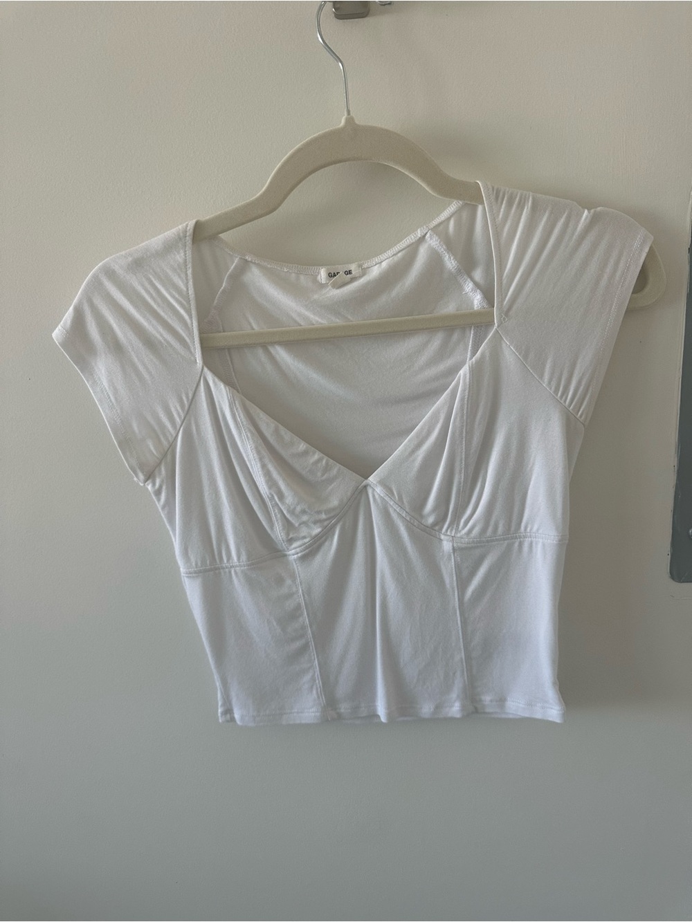 Garage White V-Neck Cap Sleeve Crop Top